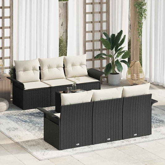 Conjunto de Sofá de Jardim 7 pcs Preto e Creme vime PE