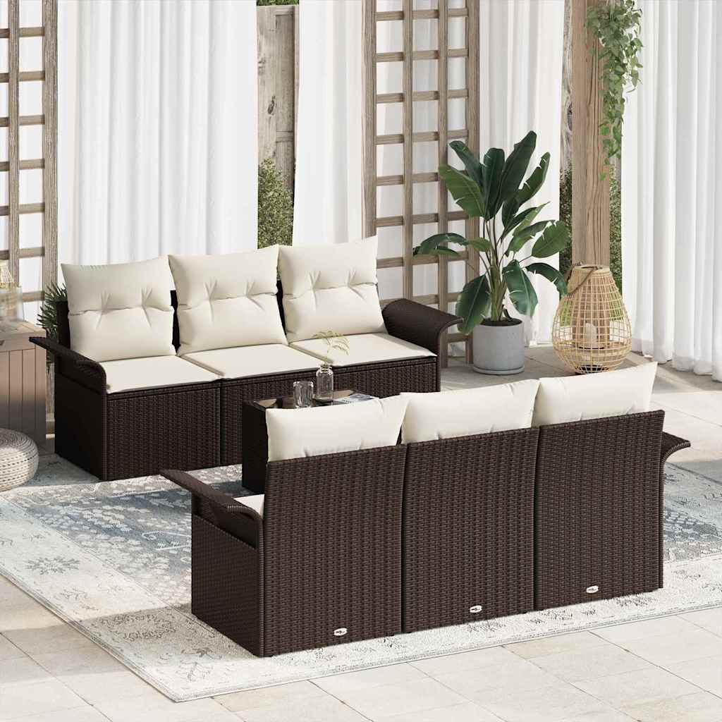 Conjunto de Sofá de Jardim 7 pcs Marrom e Creme vime PE