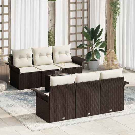 Conjunto de Sofá de Jardim 7 pcs Marrom e Creme vime PE