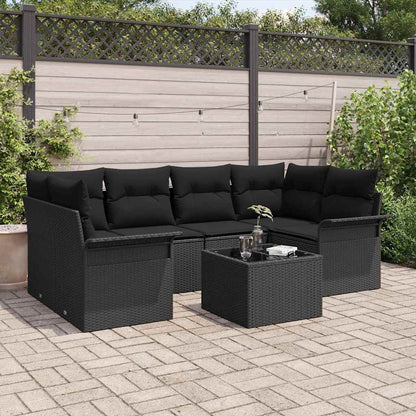 Conjunto de Sofá de Jardim 7 pcs Preto Rattan e Aço e Vidro