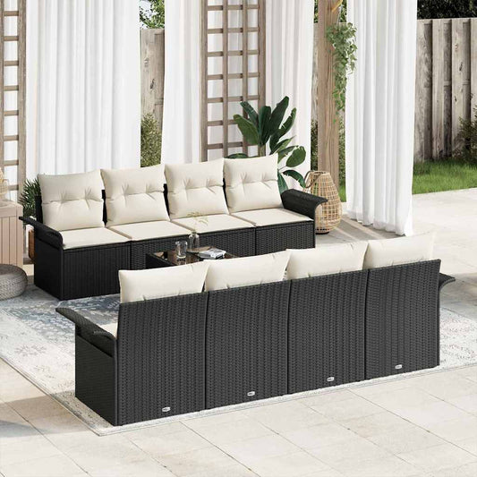 Conjunto de Sofá de Jardim 9 pcs Preto e Creme vime PE