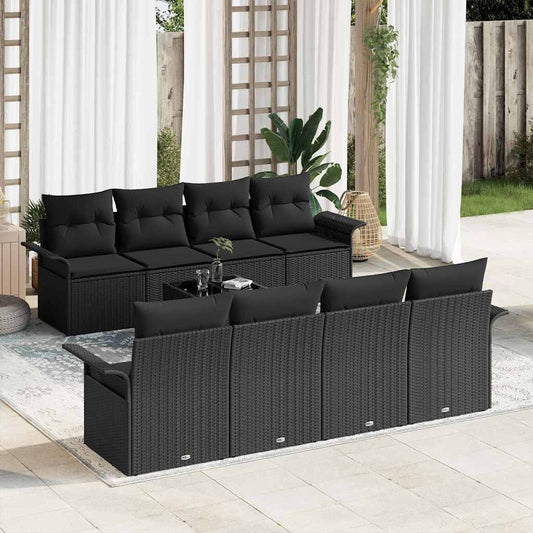 Conjunto de Sofá de Jardim com almofada 9 pcs Preto vime PE