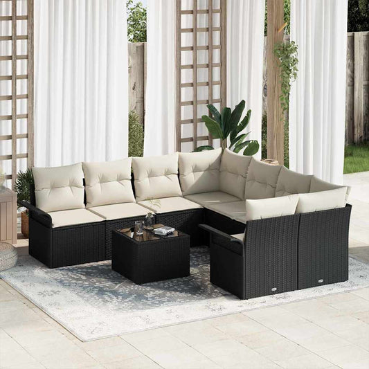 Conjunto de Sofá de Jardim com almofada 9 pcs Preto e Creme