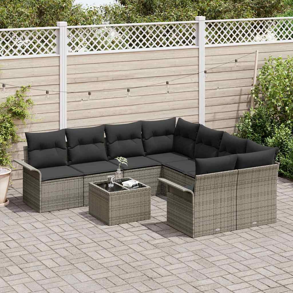 Conjunto de Sofá de Jardim 9 pcs Cinzeto Rattan e Aço e Vidro