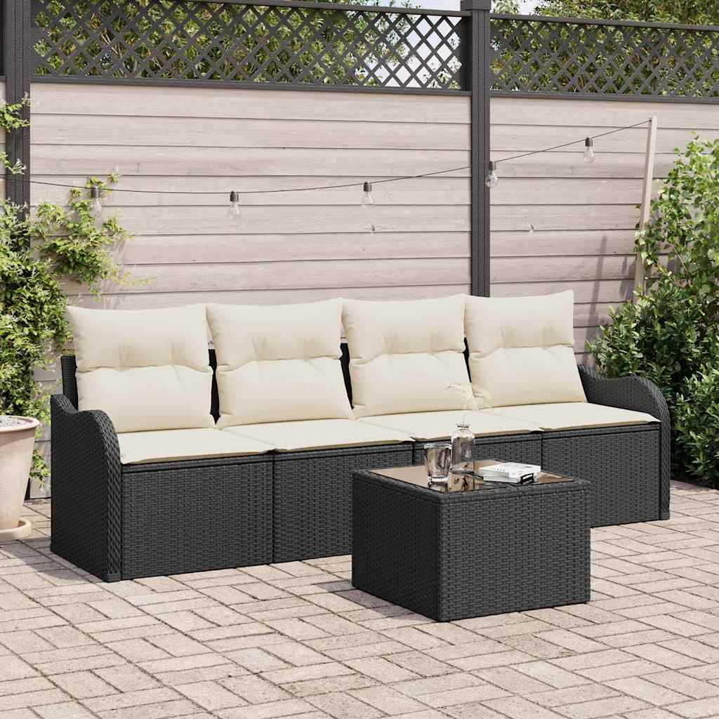 Conjunto de Sofá de Jardim 5 pcs Preto e Creme vime PE