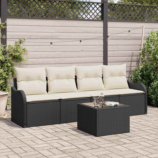 Conjunto de Sofá de Jardim 5 pcs Preto e Creme vime PE