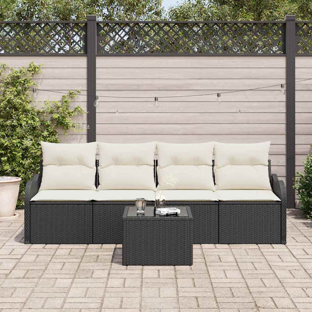 Conjunto de Sofá de Jardim 5 pcs Preto e Creme vime PE