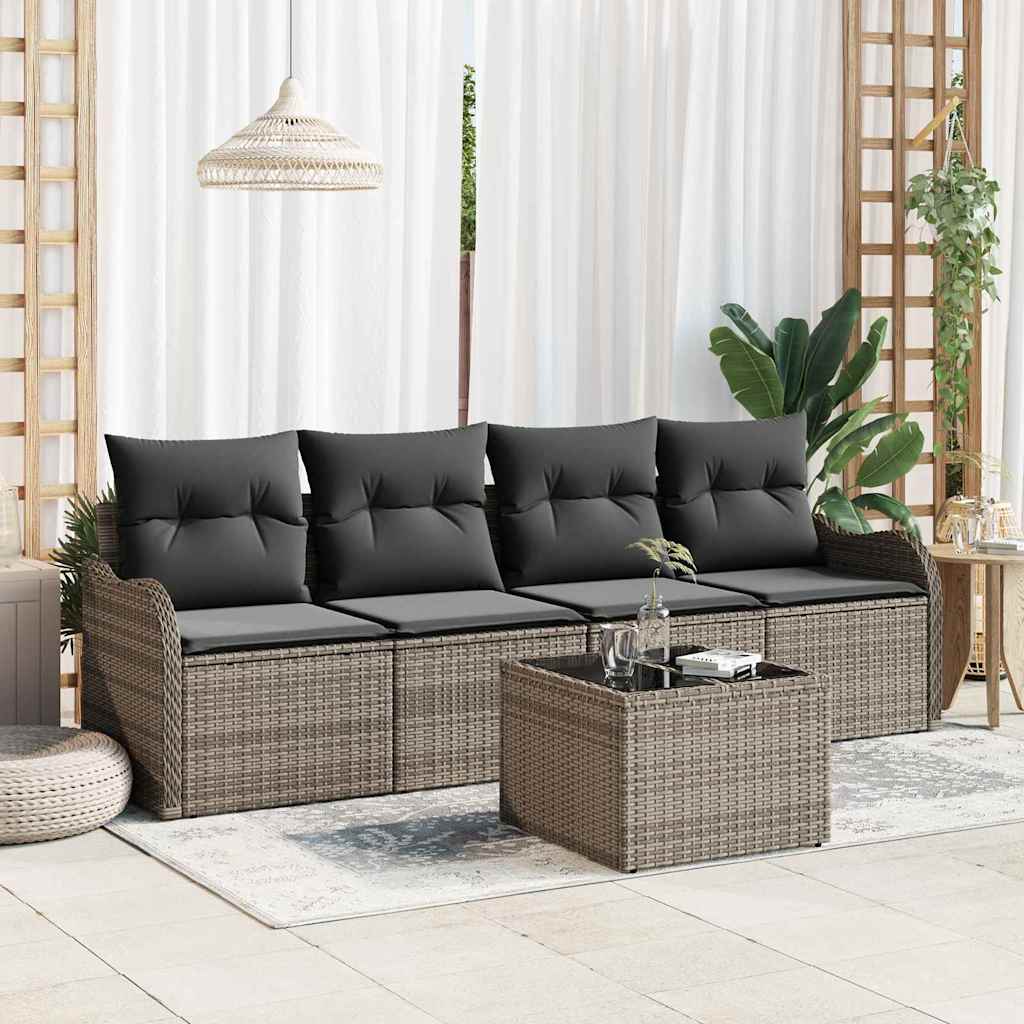 Conjunto de Sofá de Jardim 5 pcs Cinzeto Rattan e Aço e Vidro
