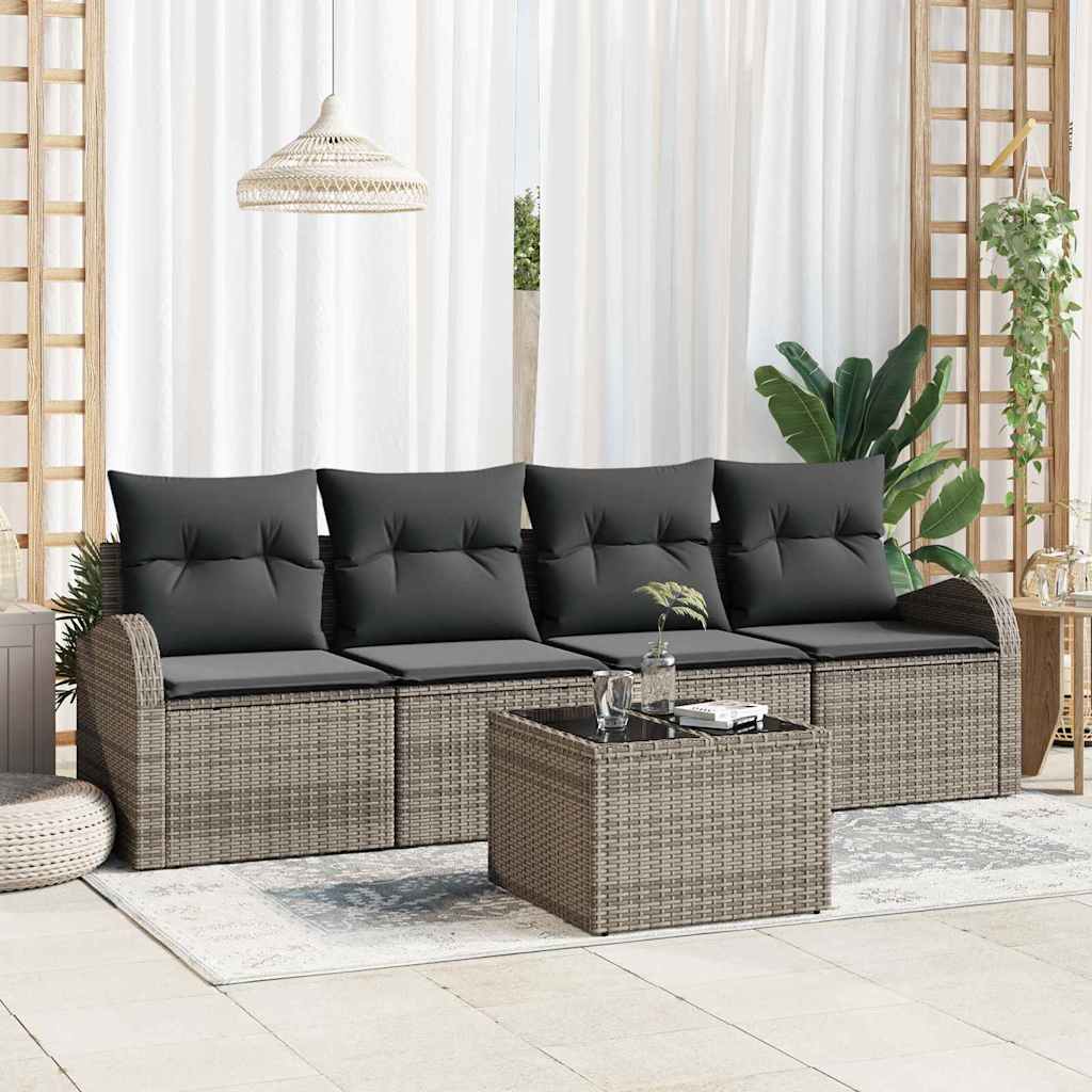 Conjunto de Sofá de Jardim 5 pcs Cinzeto Rattan e Aço e Vidro
