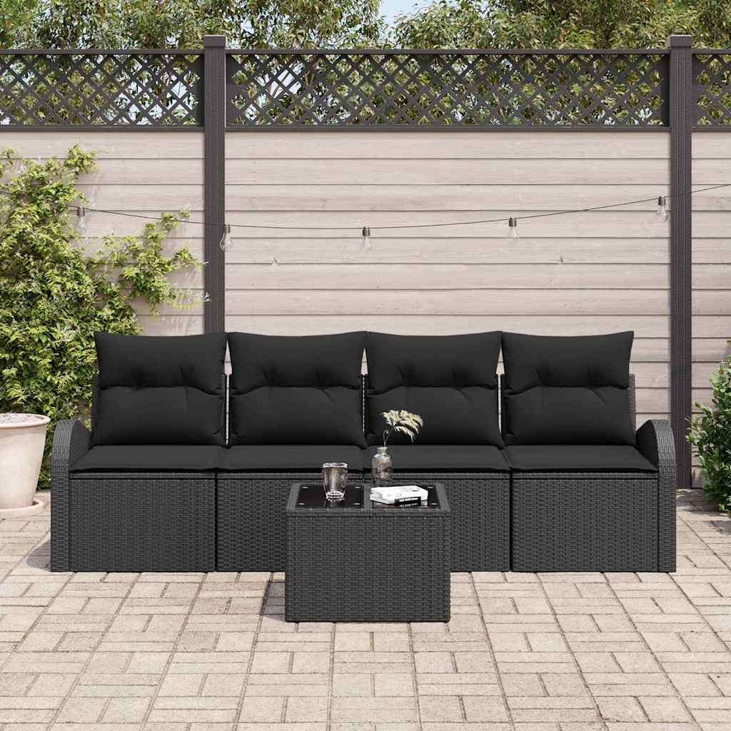 Conjunto de Sofá de Jardim 5 pcs Preto Rattan e Aço e Vidro