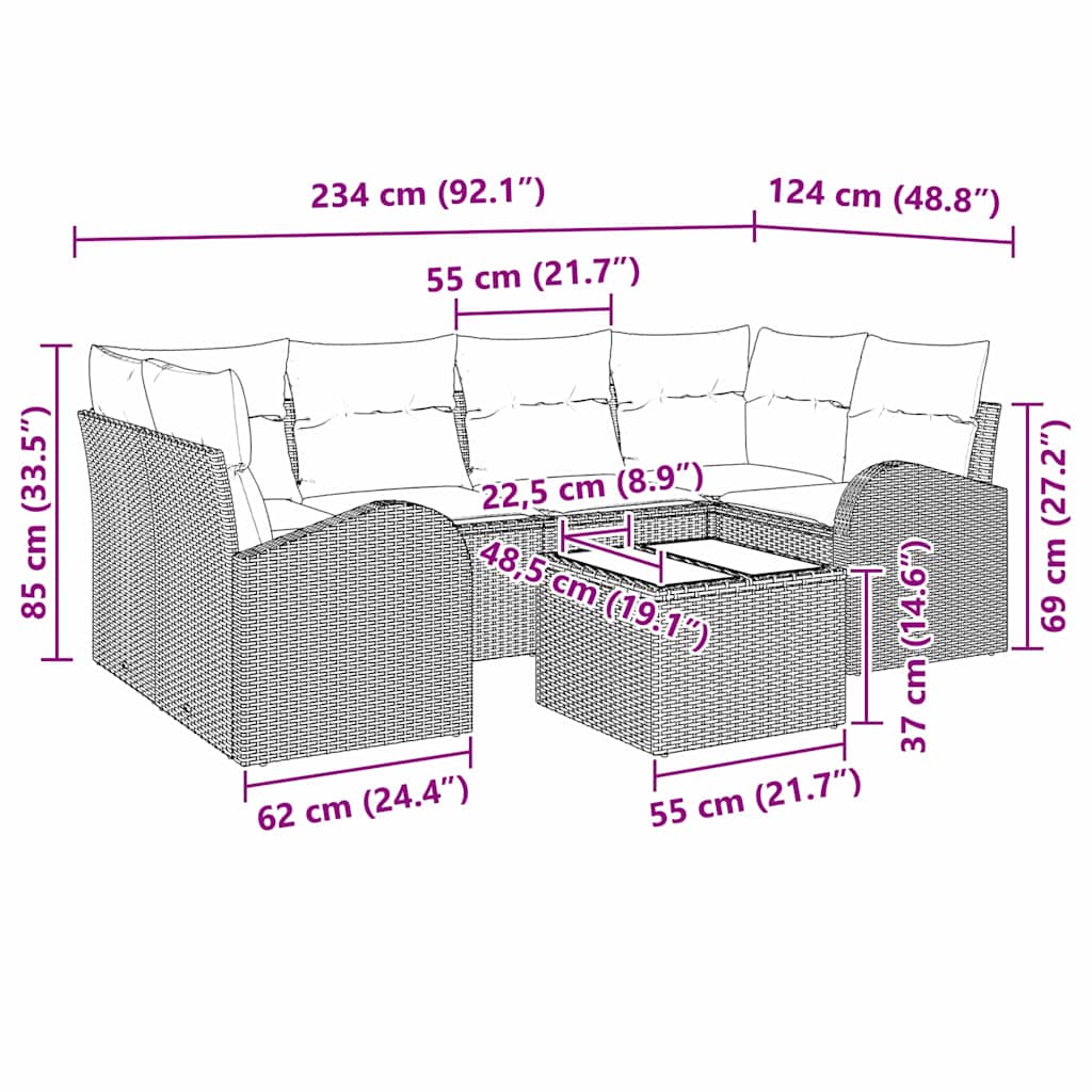 Conjunto de Sofá de Jardim com almofada 7 pcs Marrom e Creme