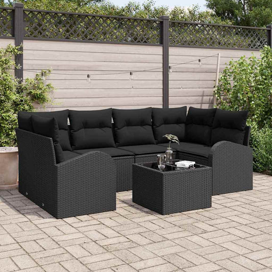 Conjunto de Sofá de Jardim 7 pcs Preto Rattan e Aço e Vidro