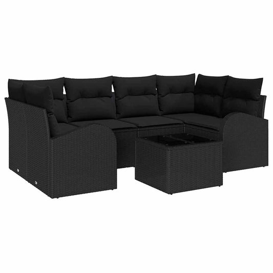 Conjunto de Sofá de Jardim 7 pcs Preto Rattan e Aço e Vidro