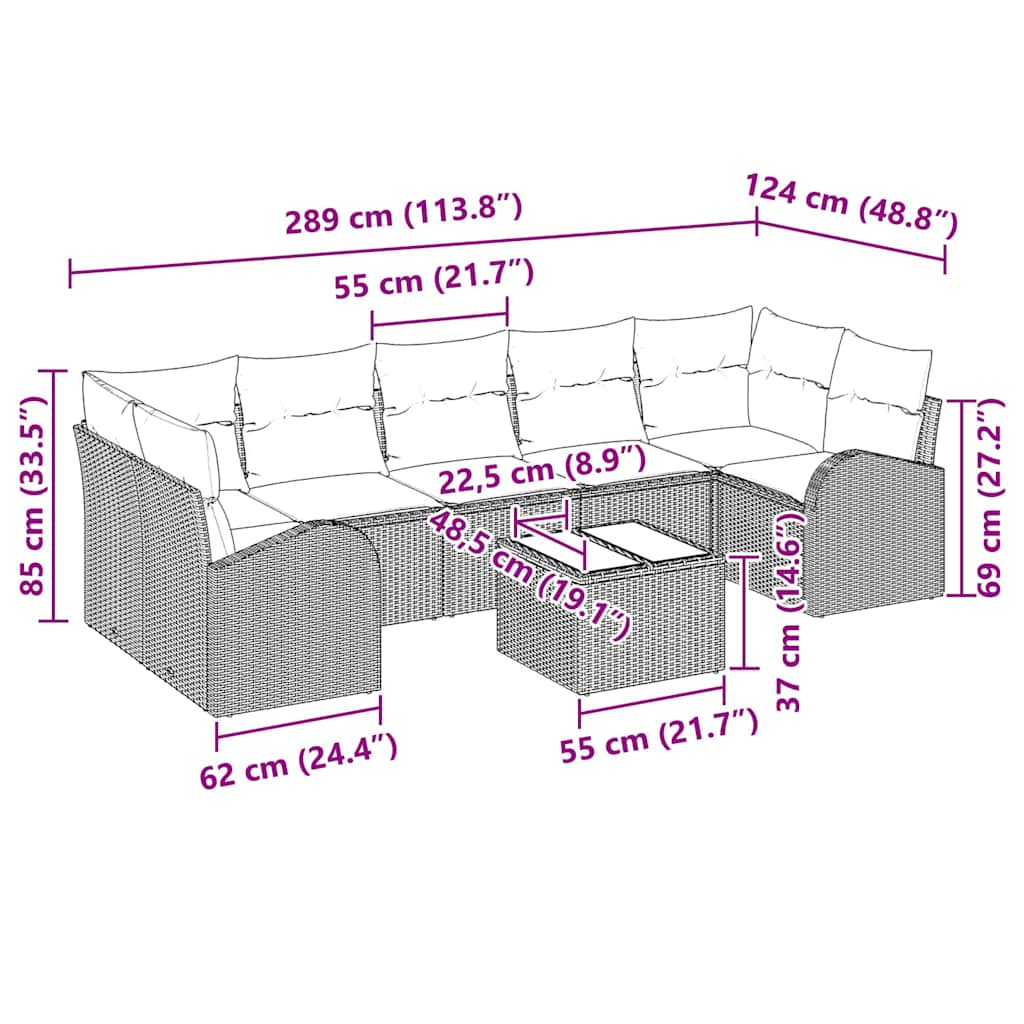 Conjunto de Sofá de Jardim com almofada 8 pcs Marrom e Creme