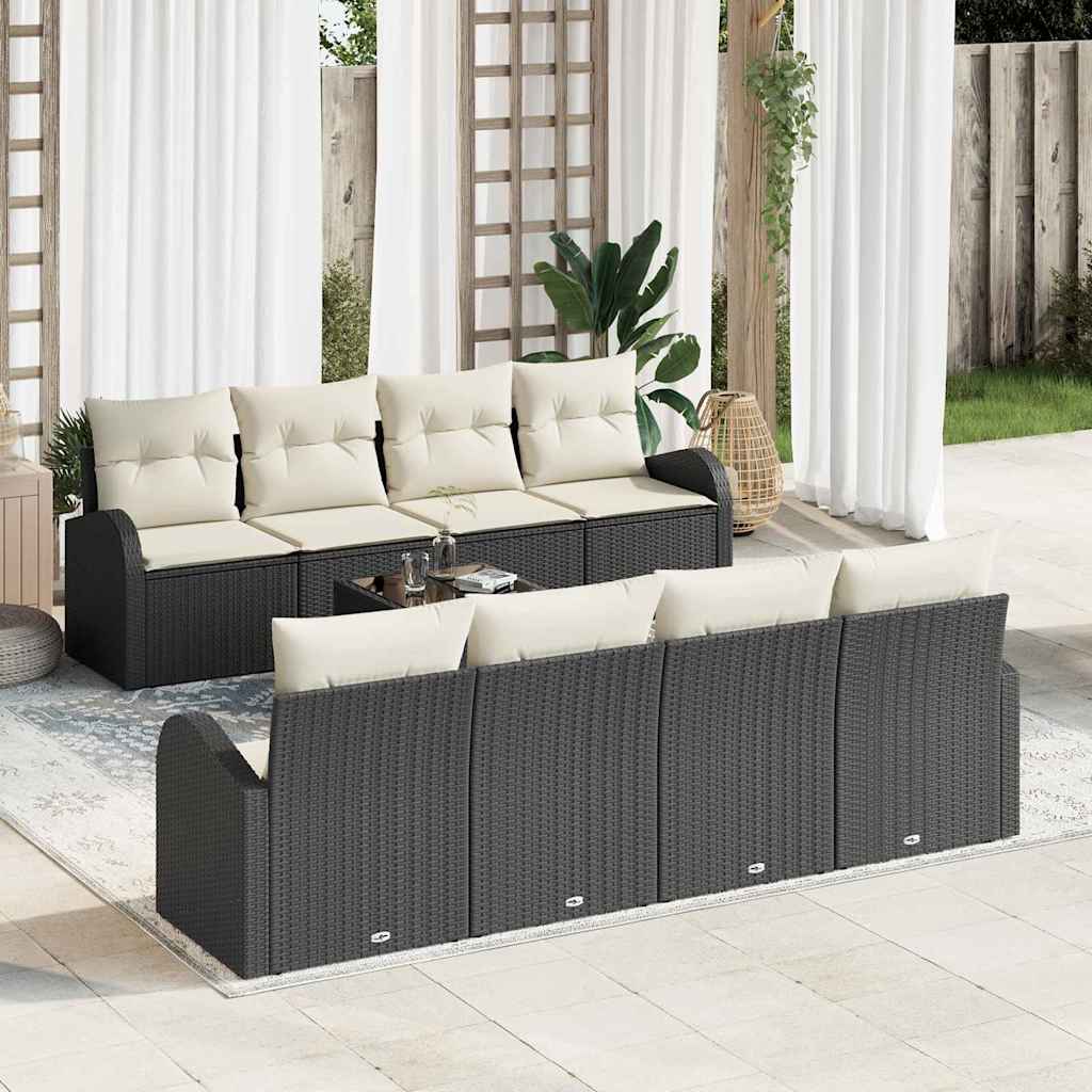 Conjunto de Sofá de Jardim 9 pcs Preto e Creme vime PE