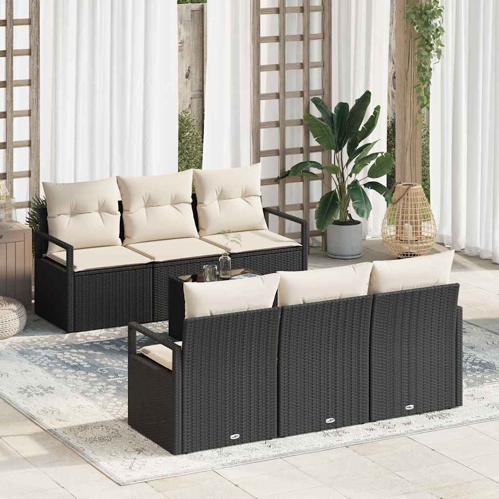 Conjunto de Sofá de Jardim 7 pcs Preto e Creme vime PE