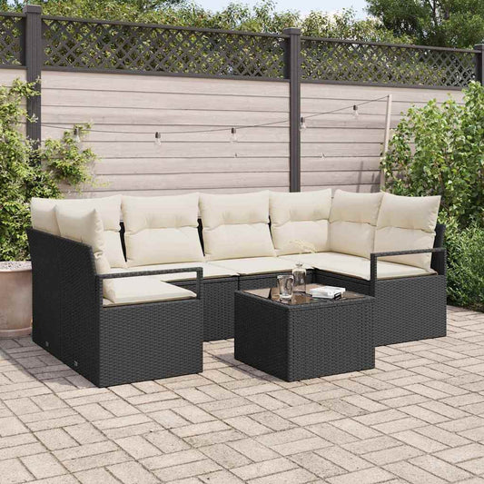 Conjunto de Sofá de Jardim com almofada 7 pcs Preto e Creme