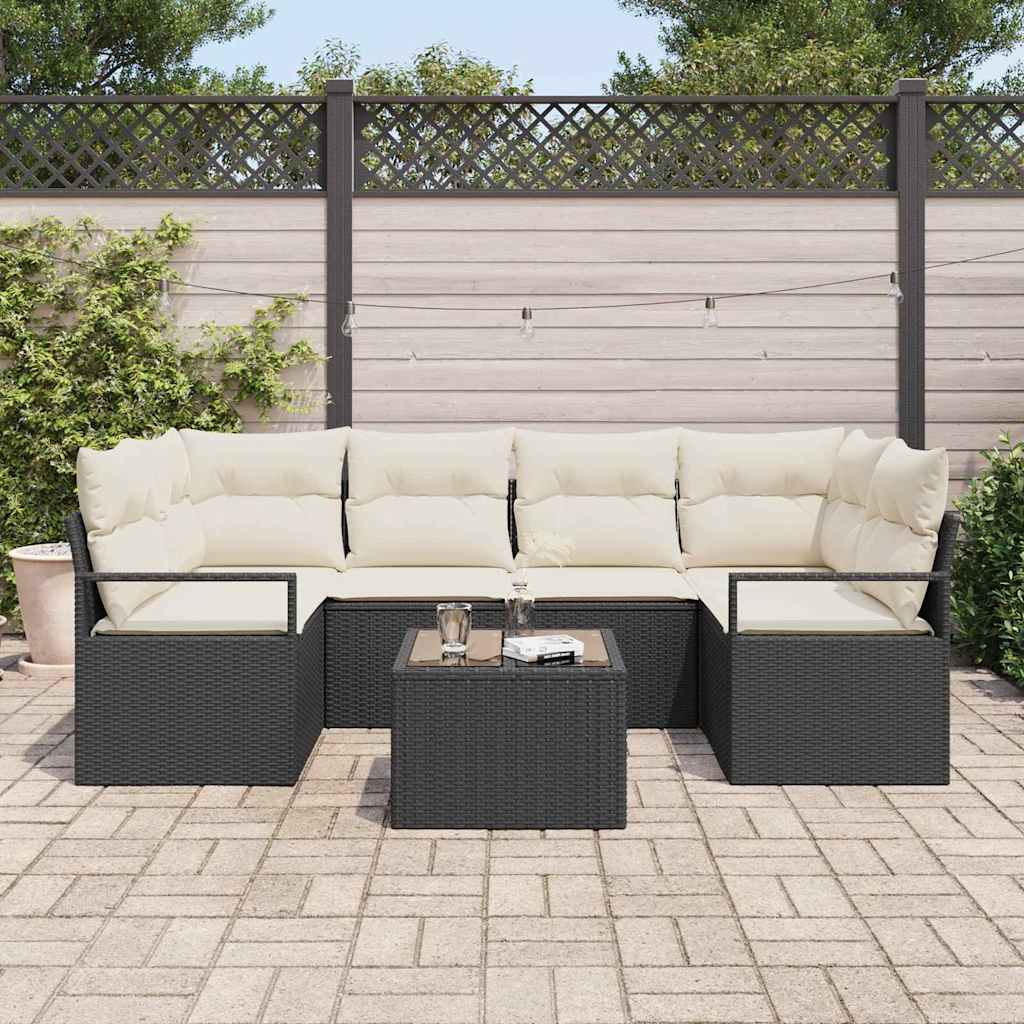 Conjunto de Sofá de Jardim com almofada 7 pcs Preto e Creme