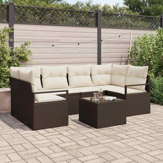 Conjunto de Sofá de Jardim com almofada 7 pcs Marrom e Creme