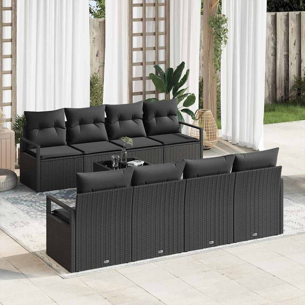 Conjunto de Sofá de Jardim com almofada 9 pcs Preto vime PE