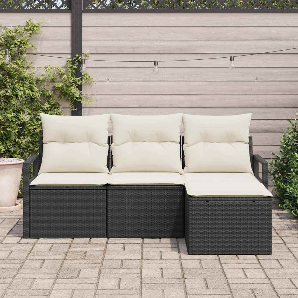 Conjunto de Sofá de Jardim com almofada 4 pcs Preto e Creme