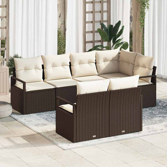 Conjunto de Sofá de Jardim com almofada 7 pcs Marrom e Creme