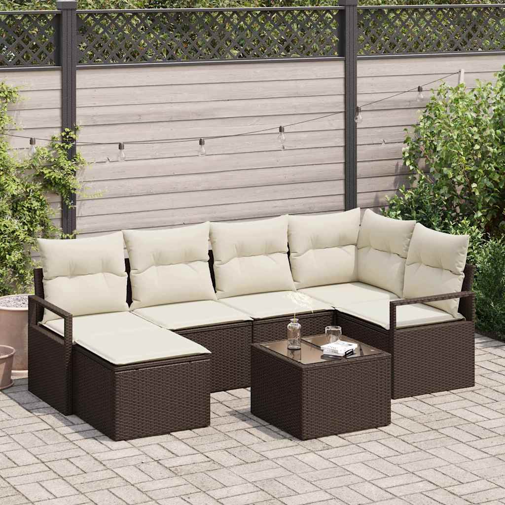 Conjunto de Sofá de Jardim com almofada 7 pcs Marrom e Creme