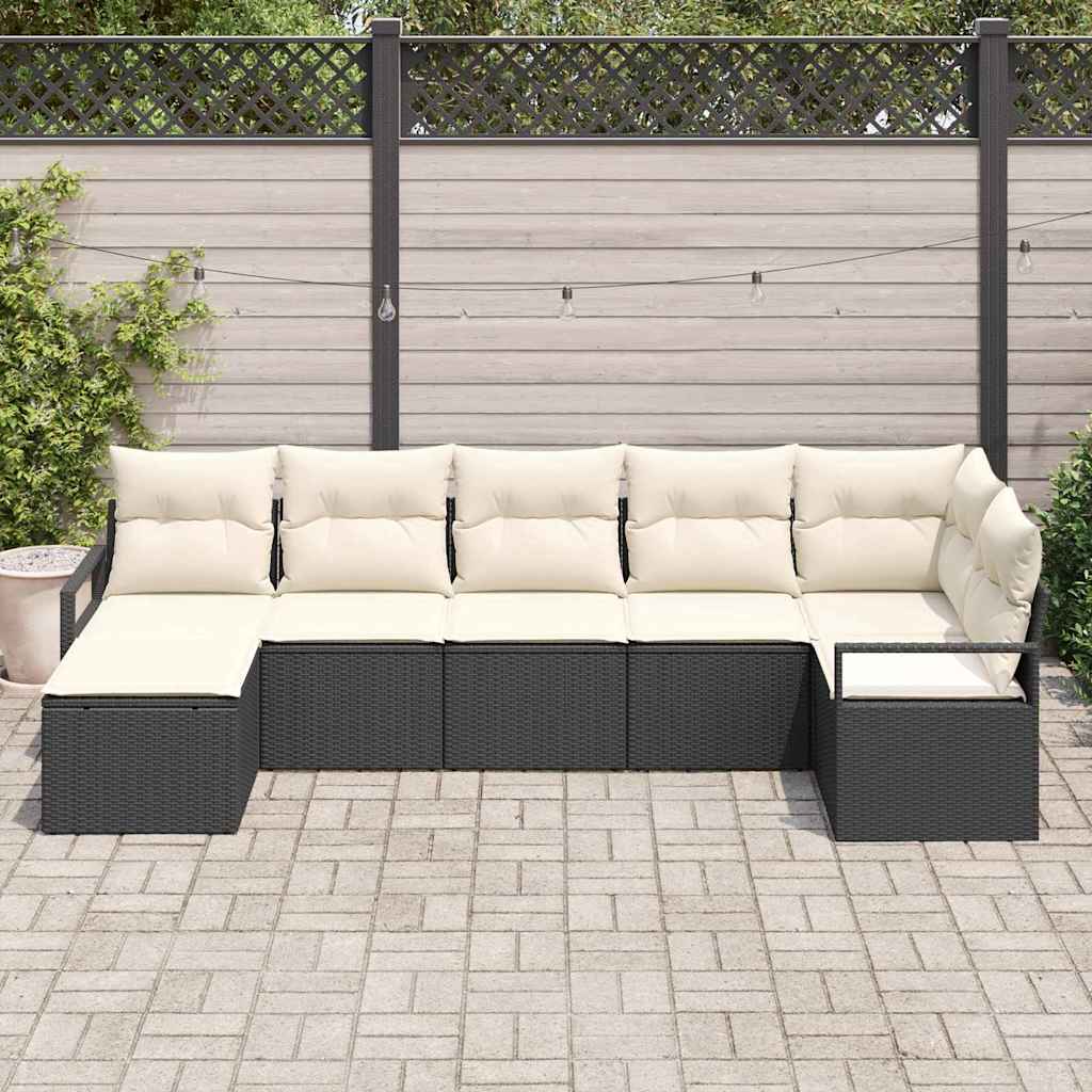 Conjunto de Sofás com almofada 7 pcs Preto e Creme vime PE