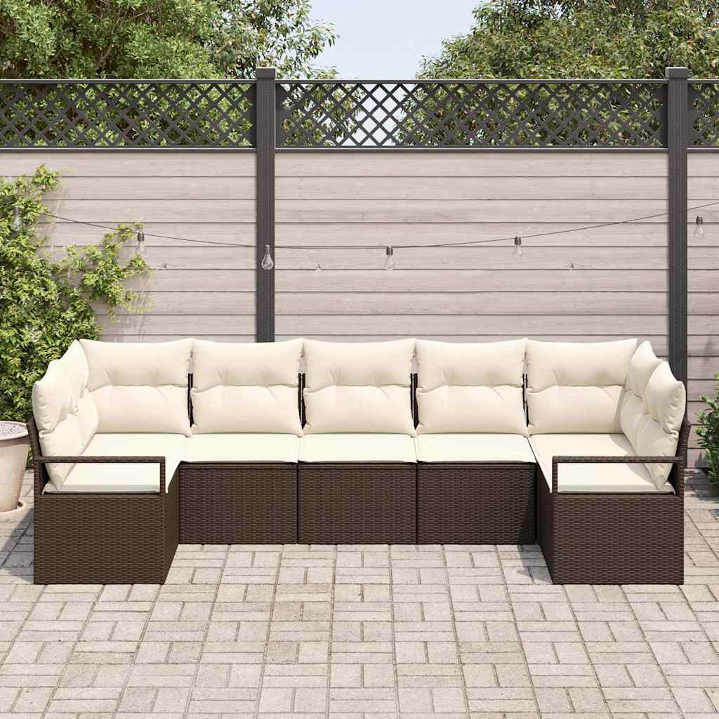 Conjunto de Sofá de Jardim 7 pcs Marrom e Branco vime PE