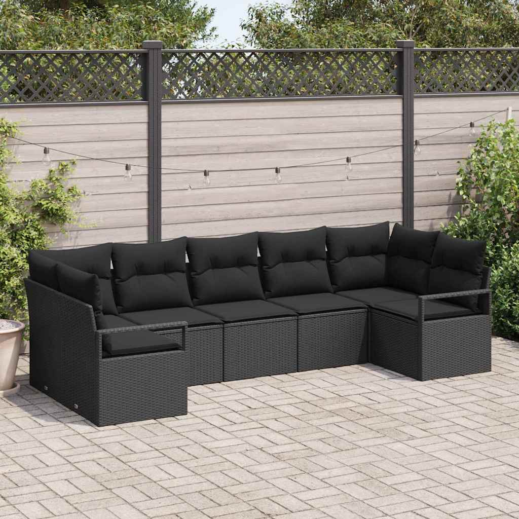 Conjunto de Sofá de Jardim com almofada 7 pcs Preto vime PE
