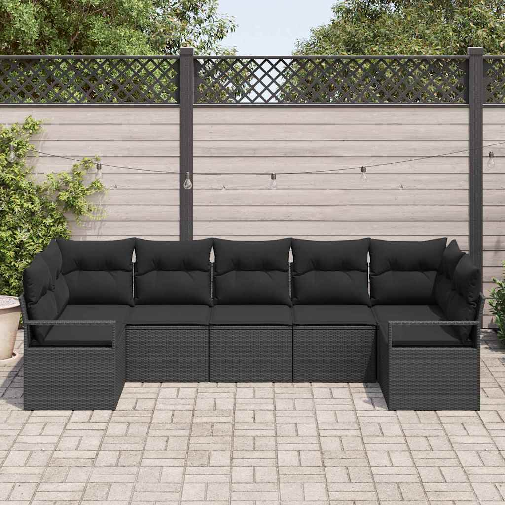 Conjunto de Sofá de Jardim com almofada 7 pcs Preto vime PE