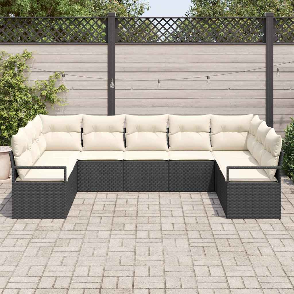 Conjunto de Sofá de Jardim com almofada 9 pcs Preto e Creme