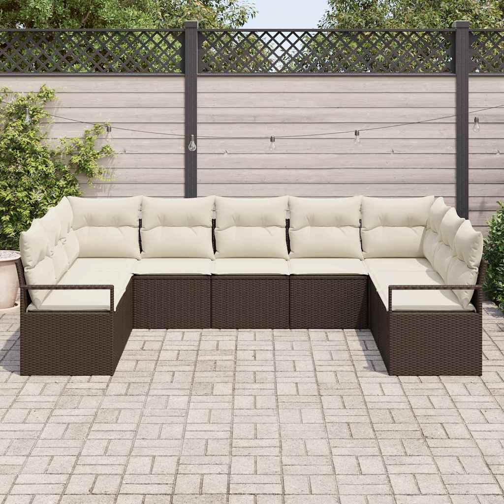 Conjunto de Sofá de Jardim com almofada 9 pcs Marrom e Creme