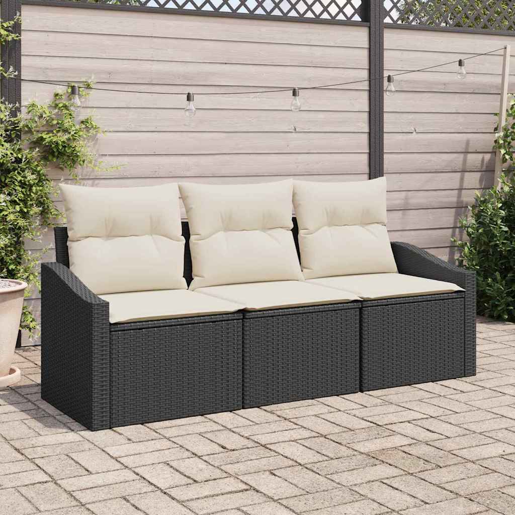 Conjunto de Sofá de Jardim com almofada 3 pcs Preto e Creme
