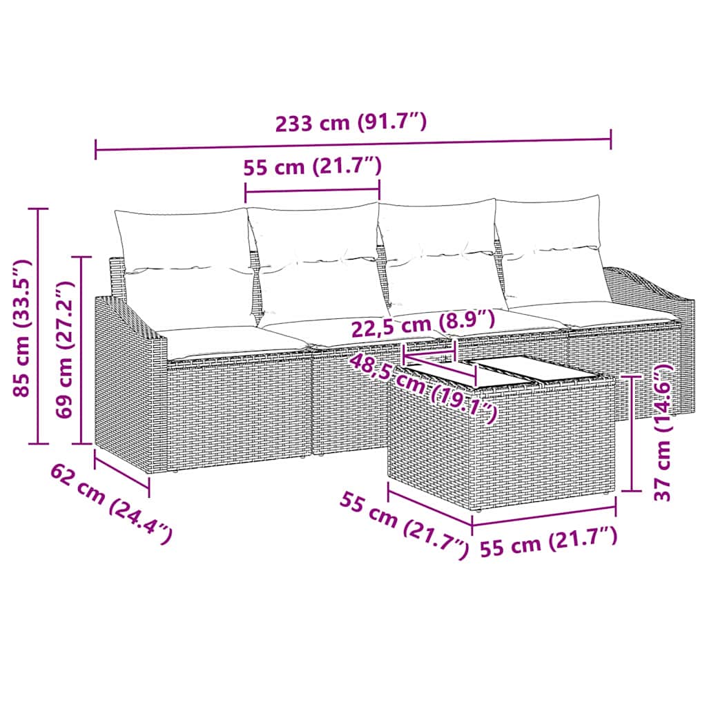 Conjunto de Sofás com almofada 5 pcs Bege e Cinza vime PE