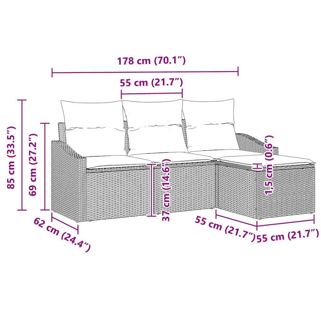 Conjunto de Sofás com almofada 4 pcs Preto vime PE