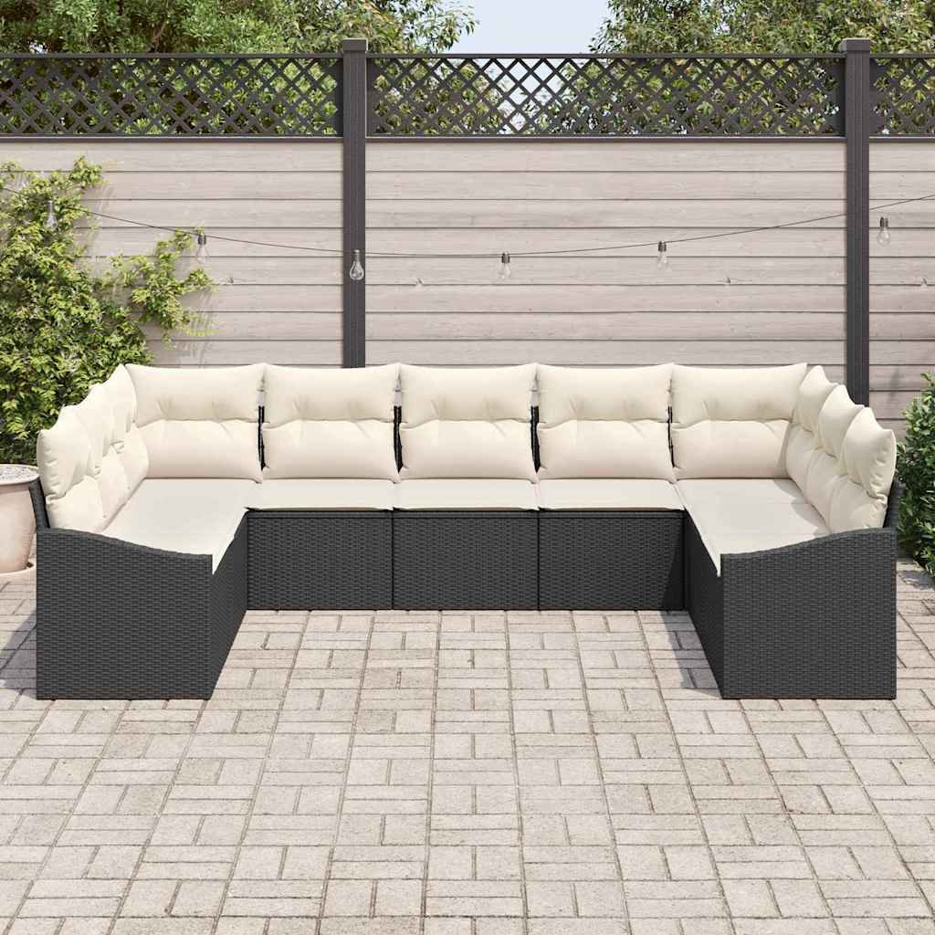 Conjunto de Sofá de Jardim 9 pcs Preto e Creme vime PE