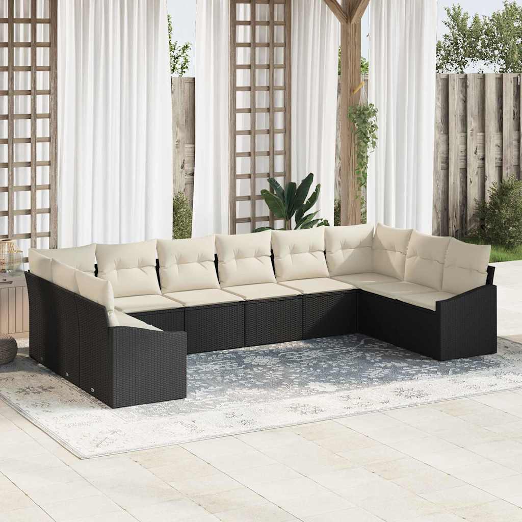 Conjunto de Sofá de Jardim 10 pcs Preto e Creme vime PE