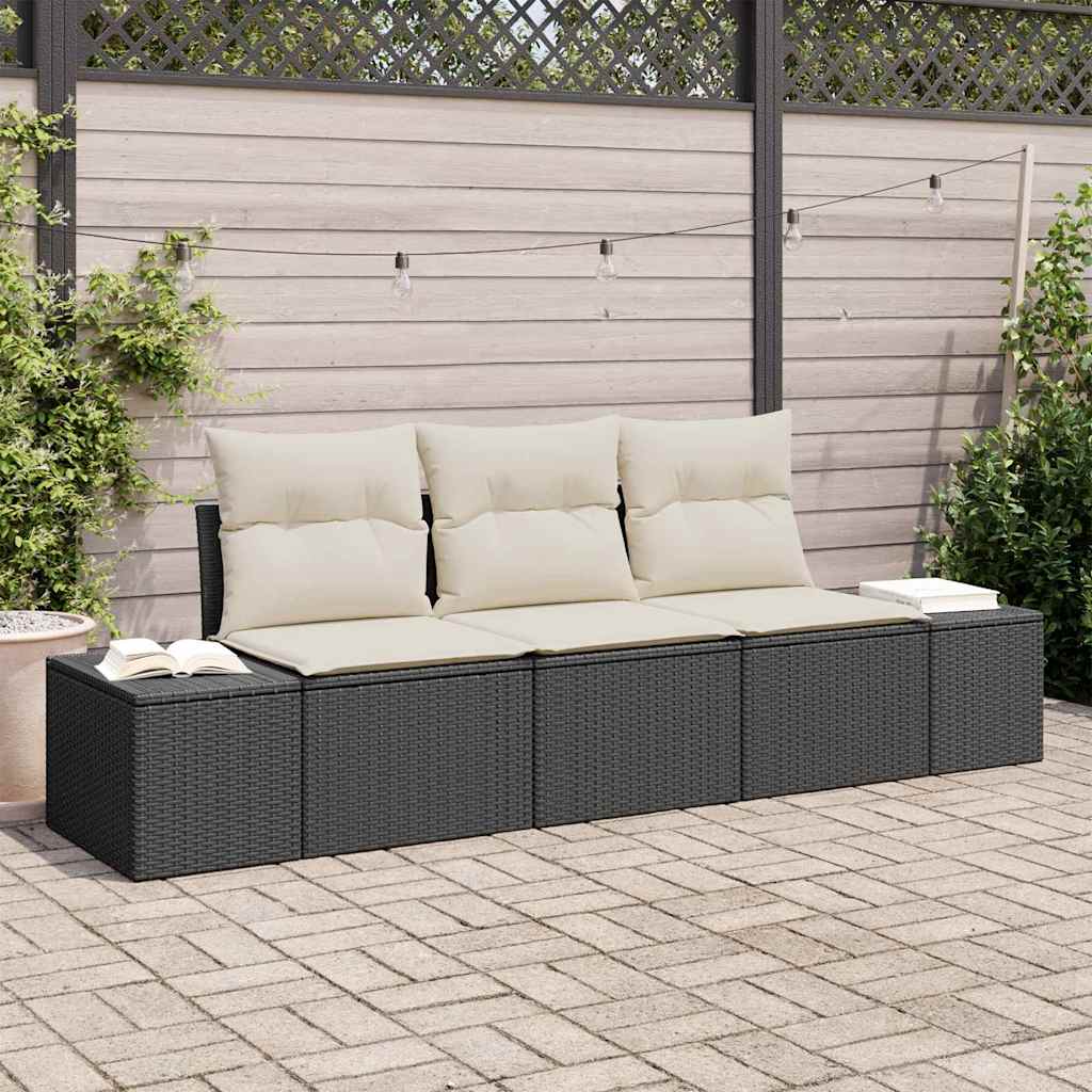 Conjunto de Sofá de Jardim com almofada 3 pcs Preto e Creme