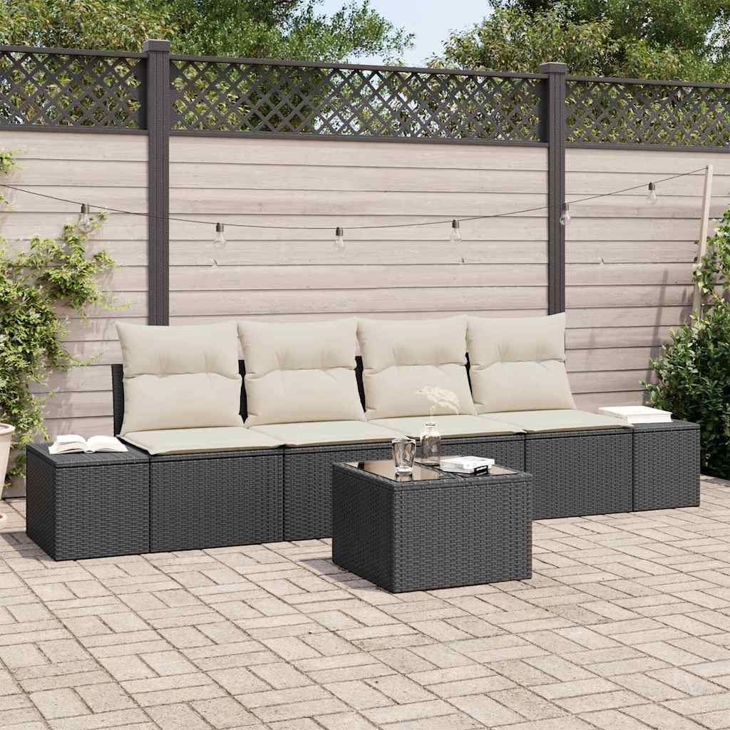 Conjunto de Sofá de Jardim 5 pcs Preto e Creme vime PE