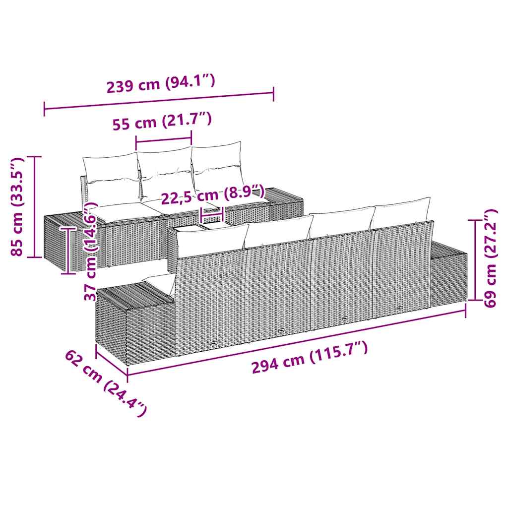 Conjunto de Sofá de Jardim com almofada 8 pcs Preto vime PE