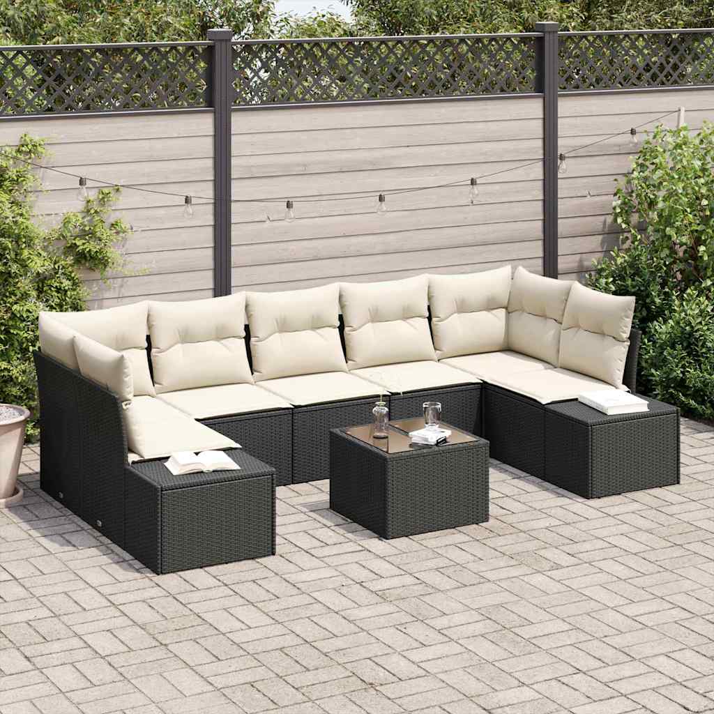 Conjunto de Sofá de Jardim 8 pcs Preto e Creme vime PE