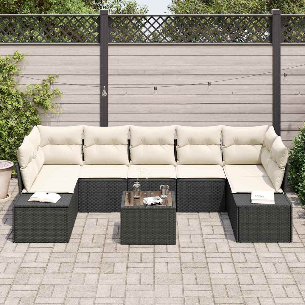 Conjunto de Sofá de Jardim 8 pcs Preto e Creme vime PE