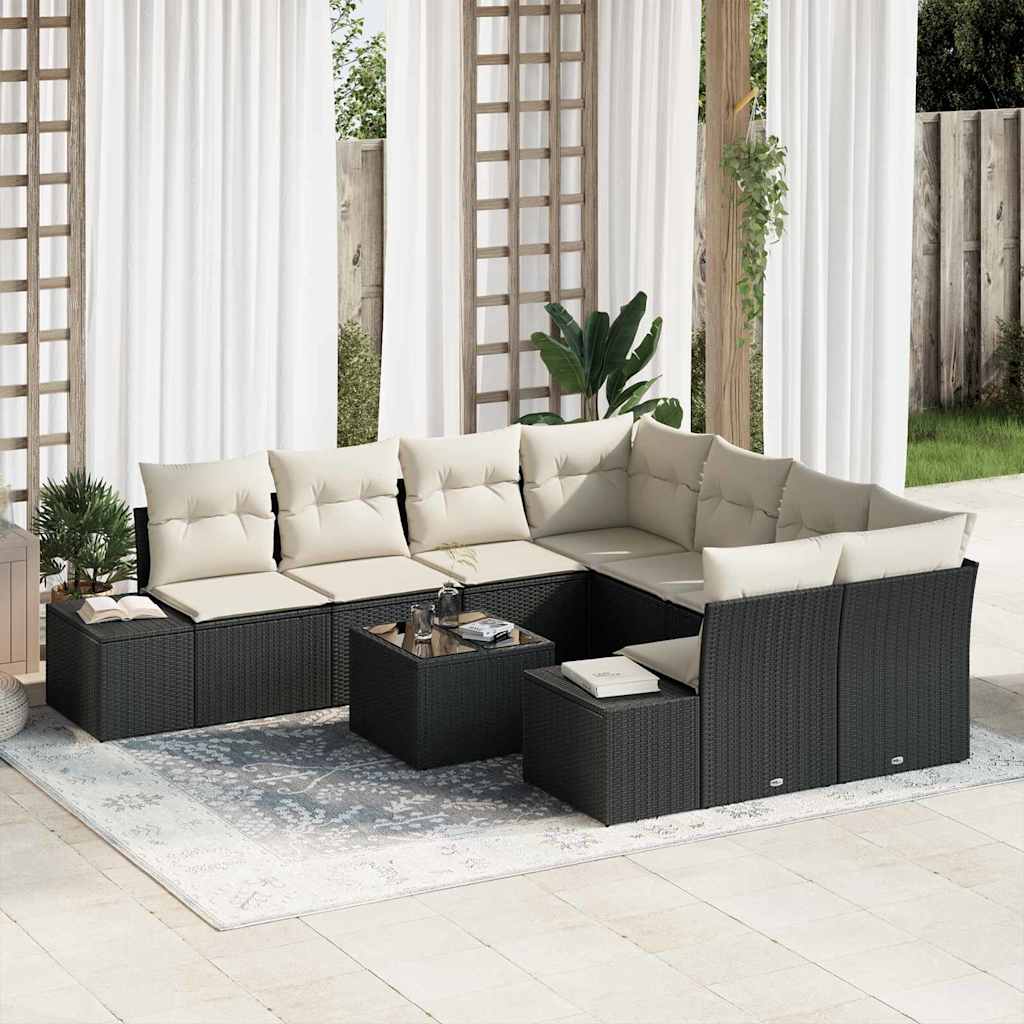 Conjunto de Sofá de Jardim 9 pcs Preto e Creme vime PE