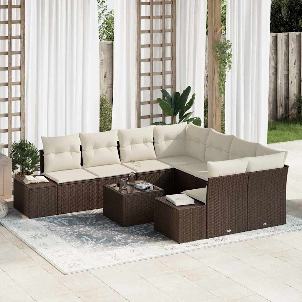 Conjunto de Sofá de Jardim 9 pcs Marrom e Creme vime PE