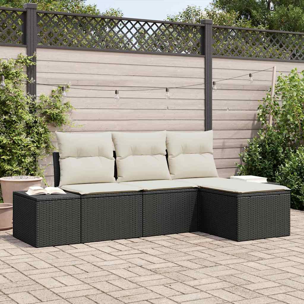 Conjunto de Sofá de Jardim com almofada 4 pcs Preto e Creme