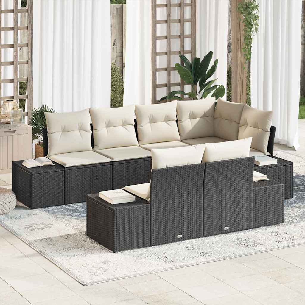 Conjunto de Sofá de Jardim com almofada 7 pcs Preto e Creme