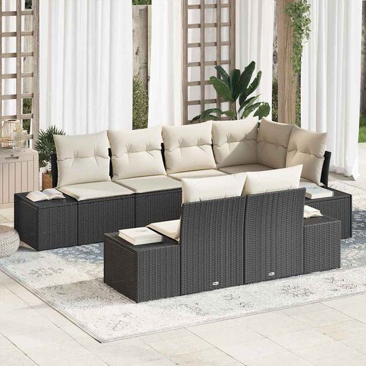 Conjunto de Sofá de Jardim com almofada 7 pcs Preto e Creme