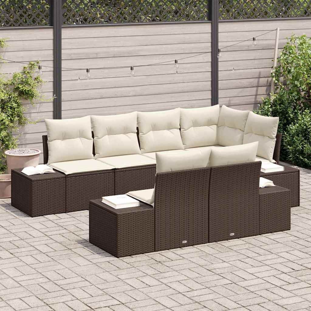 Conjunto de Sofá de Jardim com almofada 7 pcs Marrom e Creme