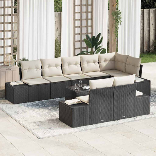 Conjunto de Sofá de Jardim com almofada 9 pcs Preto e creme